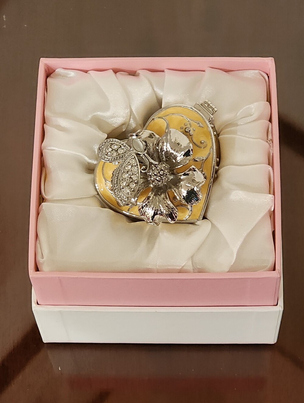 TR Custom Engraving Heart Trinket Box Yellow Enamel Butterfly Floral Rhinestone